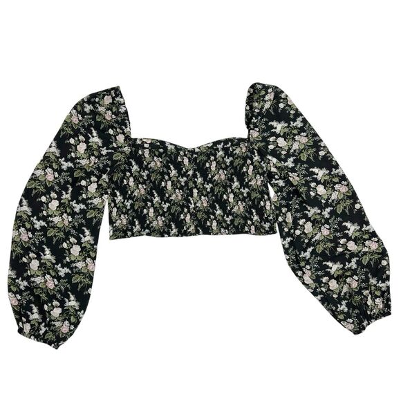 OAK + FORT Ditzy Floral Long Puff Sleeve Sweetheart Neck Smocked Crop Top Large - Picture 4 of 12